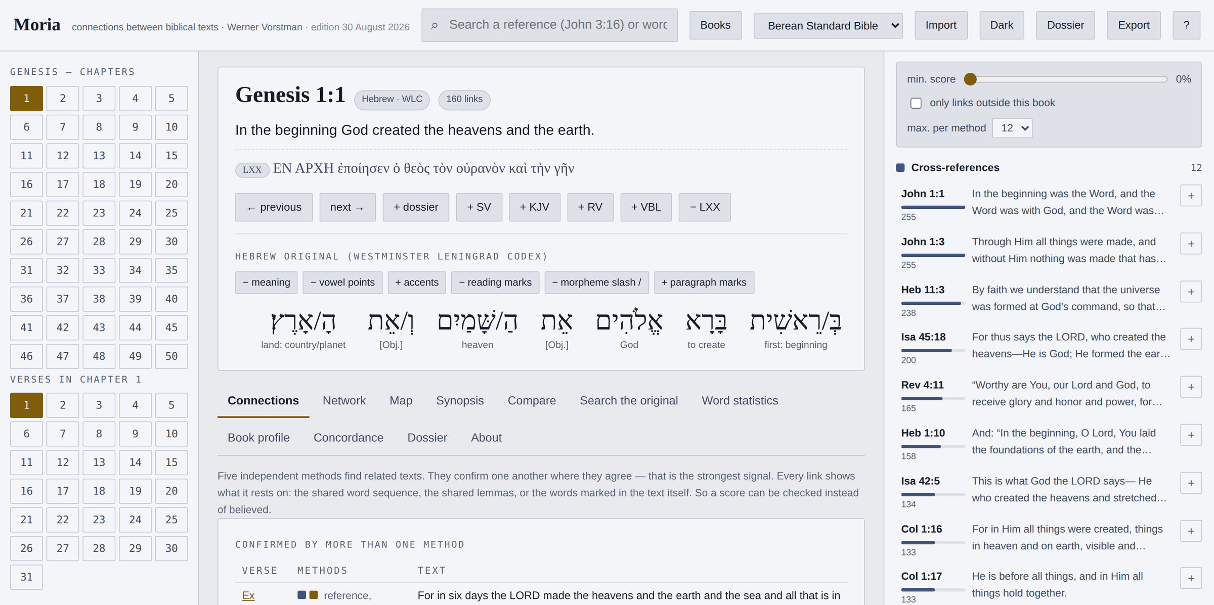 Moria showing Genesis 1:1: the Hebrew original with the meaning under every word, the Septuagint form the New Testament quotes, and on the right the related verses with their scores.